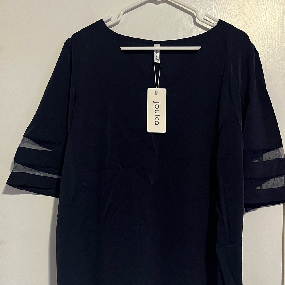 Navy Blue Top with Rounded Neckline and Bell Sleeves